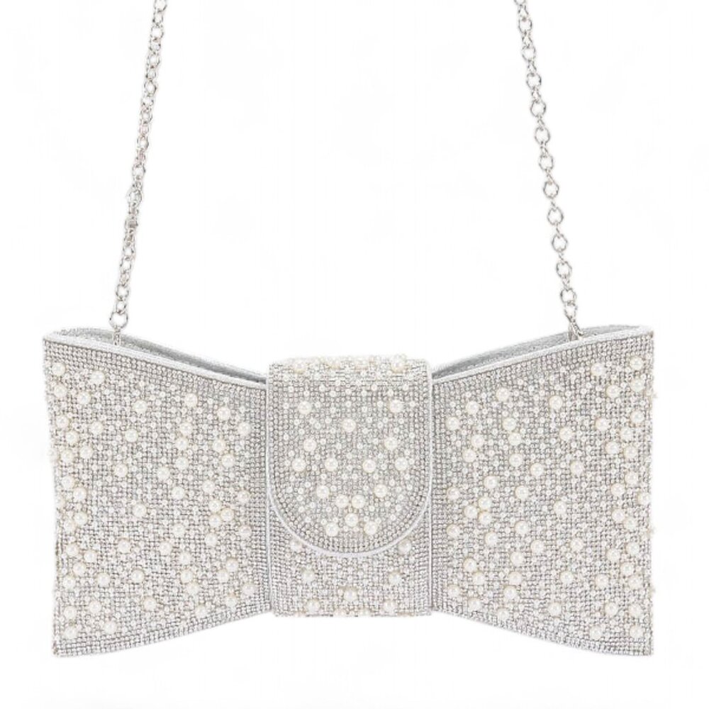 NWT Brand New Pearl Studs Metallic Bow Tie Clutch Handle Bag- SILVER